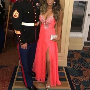 Neon coral rhinestone embellished spaghetti strap a-line chiffon gown. Size 10.